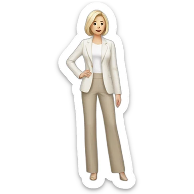 Full height Actively gesturing with hands pale skin woman with ash blonde Straightened bob Hair, White Spacious classical jacket, beige palazzo Arrow pants and gray blouse sticker