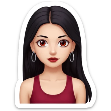 a pretty bratz fair girl with long black hair, kajal under eyes, small silver hoop. Dark cherry red tank top on. Black eyes sticker