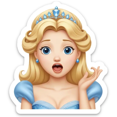 Cinematic Realistic Yawning Cinderella Portrait, showcasing lifelike porcelain skin and intricately detailed golden-blonde hair styled flawlessly as she mid-yawn reveals a moment of tender vulnerability. Her half-closed blue eyes and relaxed expression are rendered with natural, soft lighting that emphasizes the subtle textures of her face and the detailed, flowing fabric of her iconic gown. The scene glows with a cozy, authentic warmth that captures a rare, intimate moment of repose. sticker