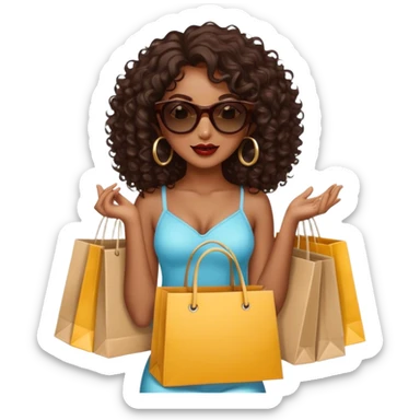 Rich dark brown girl with dark brown mid-length curly hair expensive retail shopping bags and sunglasses sticker