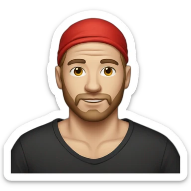 white man with tattoos in a black T-shirt and a red bandana sticker