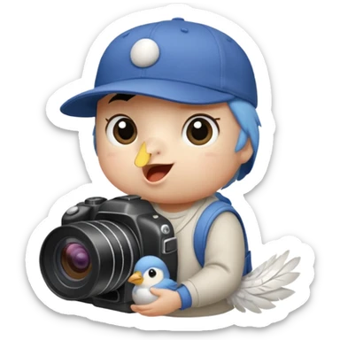 Songbird wearing a baseball cap holding a camera and a baby sticker