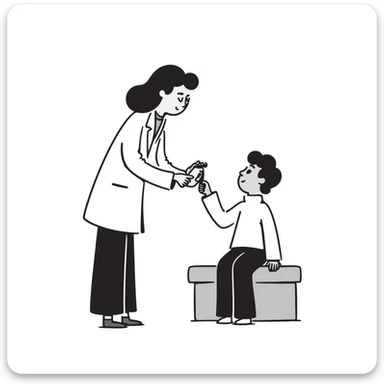 Doctor examining patient's skin with dermatoscope, skin cancer screening test sticker