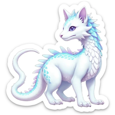 Kawaii white pastel iridescent beautiful pretty elegant divine edgy fantasy feline-vernid-sergal-Haku-dragon-fursona animal creature, full body with intricate markings  sticker