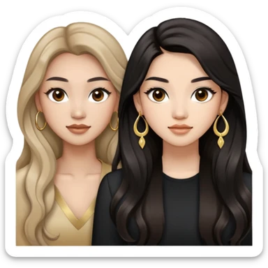A two woman one is a asian with light skin and brown wavy long hair, big round brown eyes with long lashes and a bit of makeup and another is asian woman with black straight long hair with light tan skin and with big round dark brown eyes with full long lashes. Both wears a gold earrings sticker