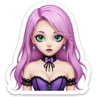 pretty scary girl, long straight LIGHT pink HAIR, jade kitten eyes, black eyeliner, pale skin, purple corset clothes with laces sticker