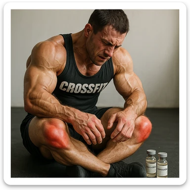 realistic and anatomical crossfit athlete with swollen and reddened joints, detailed muscles, painful posture, vials of 'Stanozololo' nearby, natural light, neutral background sticker