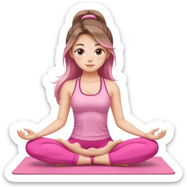 Balayage long hair and brown eyes yoga beautiful girl in pink clothes sitting on a yoga mat sticker