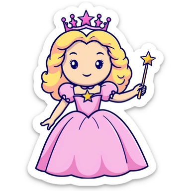 Glinda the Good Witch with long blonde curly hair, sparkling tiara, puffy pink ballgown, and magic wand with star sticker