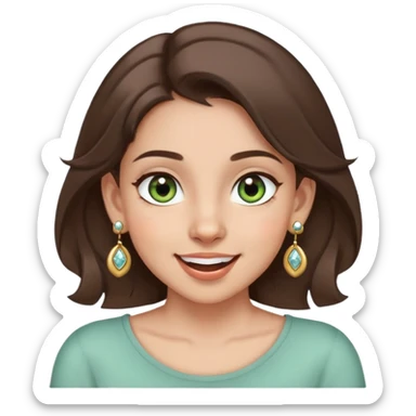 girl with gray-green eyes, brown hair, multiple earrings, mole on cheek, joyful expression sticker
