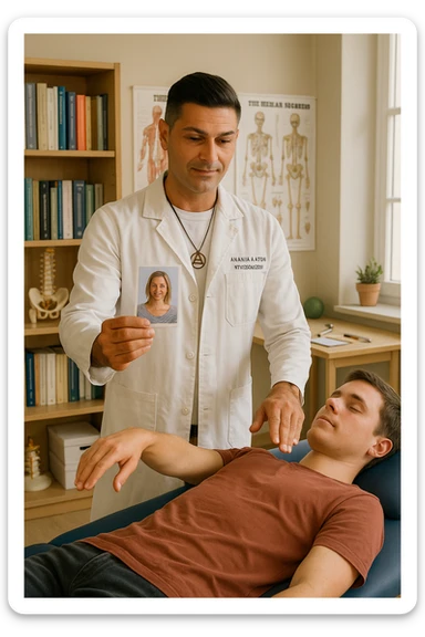 a middle-aged man, dressed in casual professional attire, is in a bright, organized therapy studio. Durante una visita di kinesiologia, il ragazzo tiene con una mano la foto di una persona lontana (il “testimone”) tiene la foto in mano, mentre con l’altra mano esegue un test muscolare su un cliente presente senza foto. Sullo sfondo si vedono libri di kinesiologia, poster anatomici e strumenti tipici della disciplina. L’atmosfera è concentrata e serena, con luce naturale che entra dalla finestra, sottolineando l’aspetto alternativo e umano della pratica. sticker