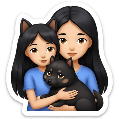 A beautiful girl with long black hair hugs a Black Shiba Lnu sticker