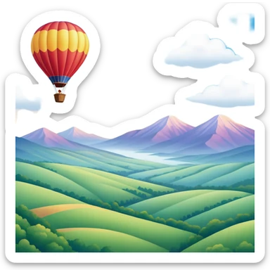 a clear sky and distant hills in the background with A colorful hot air balloon floating gracefully above the ground. The balloon's vibrant colors stand out against the soft clouds, capturing the peaceful yet adventurous spirit of hot air ballooning. sticker
