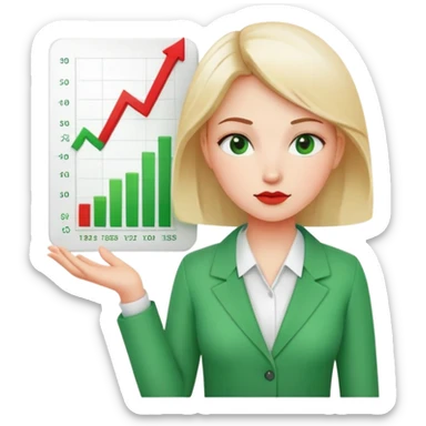 Female character displaying two small charts, green upward trending graph in right hand, red downward trending graph in left hand sticker