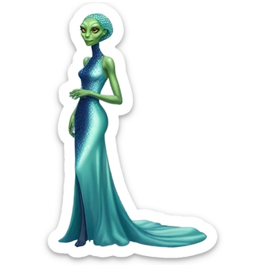 reptilian green alien woman, in long slim pastel blue formal party satin dress with gradient shiny sparkling navy blue diamonds embroidered, full body full figure sticker