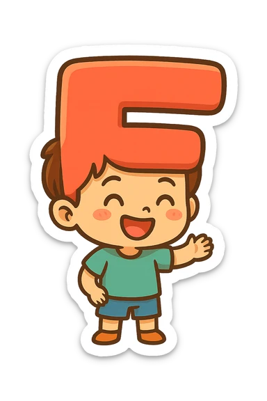 a smiling kid with a head in the form of a bold, uppercase F, colorful and friendly, expressive, cute, cartoonish sticker