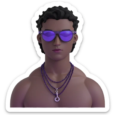 shirtless male athlete with white skin and moderately curly black hair on top with shaved sides, wearing purple sunglasses with very dark heavily tinted black lenses that completely hide the eyes, and a plain black chain necklace sticker