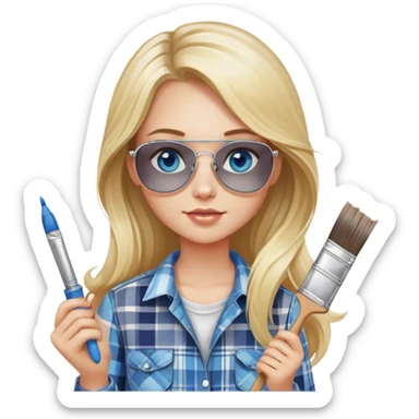girl with long blond hair, wearing plaid shirt with blue eyes and aviator sunglasses wearing a ring on her silver necklace, holding a paint brush roller sticker