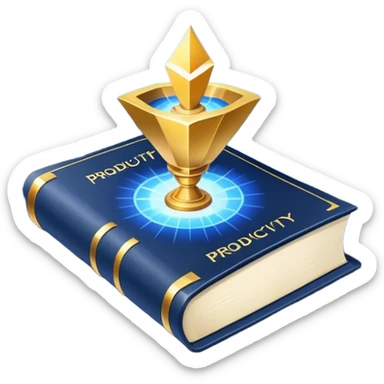 A navy blue productivity book with gold details, chart with upward trend aura, radiating productivity, strategy, and success in motion- sticker