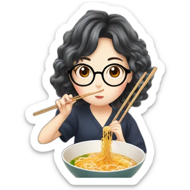 A girl with wave hair and glasses who livres k-drama eating a ramen with chopstick sticker