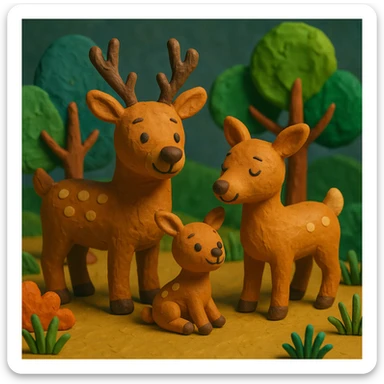 deer family in a woodland clearing, vibrant colors, cheerful and cozy, claymation style sticker
