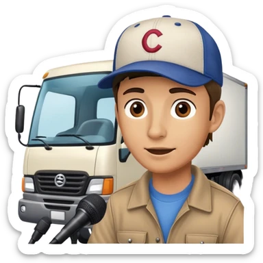 driver of a truck in front of a truck speaking to a microphone interview sticker