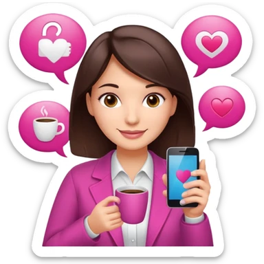 Social media manager. She has dark brown hair, brown eyes, a friendly smile. She is holding a smartphone and a coffee cup. Include subtle marketing elements like small icons of hashtags or a speech bubble with a heart. Use vibrant colors with a focus on pink and fuchsia tones. sticker
