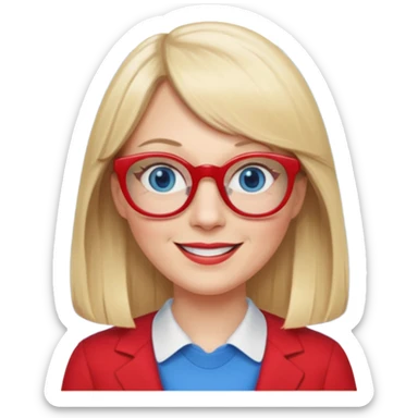 45 yr old white woman, pale skin, long straight blond hair parted in center, blue eyes, bangs, clothes for school, big red glasses, oval face sticker