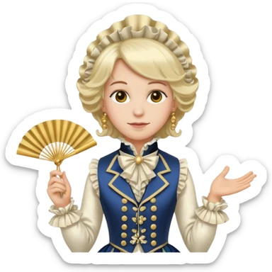 An emoji portrait of a French aristocrat. He wears a powdered wig and a silk waistcoat with a ruffled jabot. His expression is poised and refined, and he holds a fan. sticker