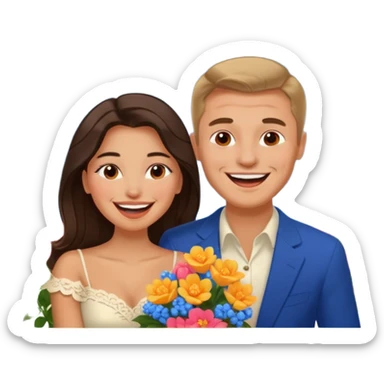 Couple  laughing traveling russian man and elegant  Latina girl delicate flowers and mountains in the background  sticker