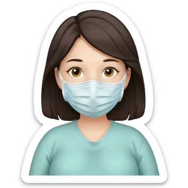a pregrant lady with dark brown hair? Hair lengt above shoulder, wearing medical face mask sticker