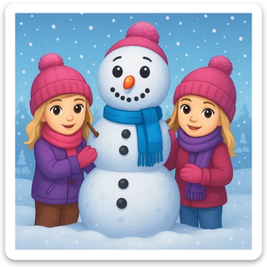 Add a snowy background behind the kids building a snowman, keep the original emoji style sticker