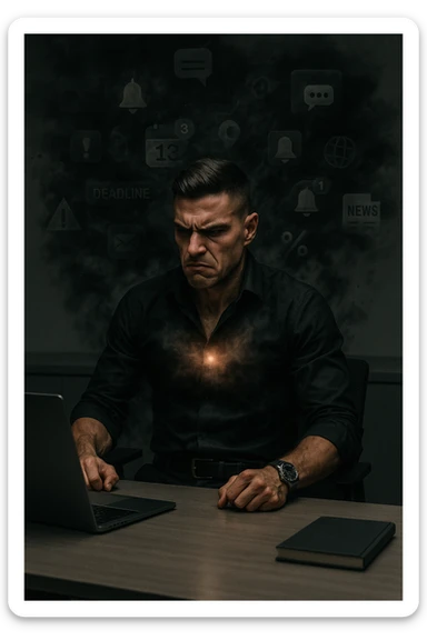 A highly realistic, cinematic image of a young man in his early 30s, sitting at a modern office desk under harsh artificial lighting, shoulders hunched, jaw clenched, and breathing shallowly, symbolizing how modern society forces people to live in a state of chronic tension and restricted breathing. Around him, faint black and grey visual elements represent notifications, deadlines, social media icons, and news alerts, swirling around his head like a chaotic storm, symbolizing societal pressure. His chest appears visually tight and compressed, and faint dark smoke emanates from his body, representing blocked breath and internalized stress. In contrast, a faint glowing light near his chest and abdomen tries to expand, symbolizing the innate desire of the body to breathe freely and deeply. The environment is cold and minimalistic, with a sense of stillness and tension, captured in a hyperrealistic 35mm film style with muted colors, focusing on the man's tense posture and restricted breathing to reflect the unseen burden of modern living. in italiano sticker