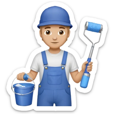 professional house painter man wearing overalls and a cap holding a paint roller with a paint bucket sticker