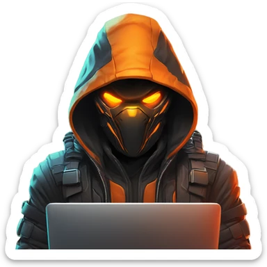  developer behind his laptop with this style : crysis Cyberpunk Valorant orange glowing bright orange character orange black hooded assassin themed character sticker