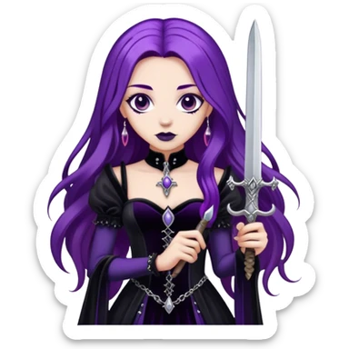 A gothic princess with long purple hair, in a black velvet dress, holding a silver dagger. sticker