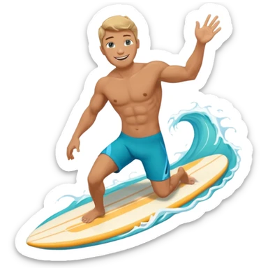 human male surfer riding a turquoise wave, muscular torso, shorts, big smile, bright sun, centered emoji, summer palette sticker