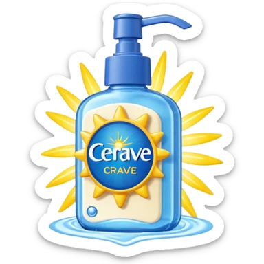 White CeraVe bottle with blue label and yellow “AM” badge, topped with a pump. Surrounded by protecting radiant sun sparkles, soft UV-deflecting light rings, and a blue protective glow. Feels like a daytime skin shield potion in a sleek, glossy bottle. sticker