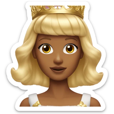 Blonde Barbie with full bangs and long hair and hazel eyes wearing a gold crown sticker