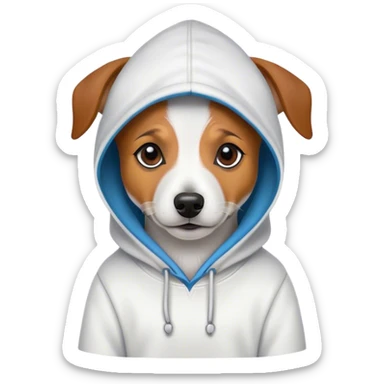 Jack russel wearing a hoodie with a hat sticker