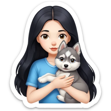 beautiful girl with long black hair holding a cute husky puppy sticker