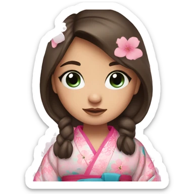 cute brunette girl with blue eyes in pink flower kimono sticker