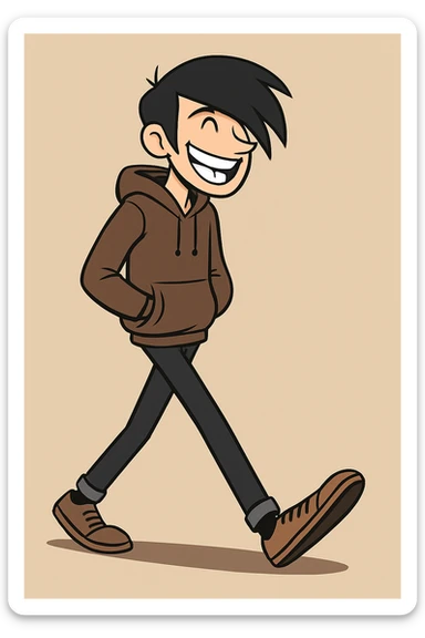 Make the tall, thin man with side-swept black emo hair look much happier, with a big smile showing lots of teeth, keep the walking pose and style as in the original image. sticker