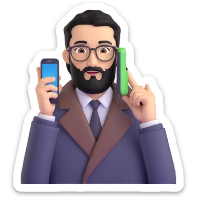 professional man with medium black beard, black hair combed to one side, connected unibrow, olive tan skin, brown eyes, glasses, prominent nose, wearing black coat, holding smartphone to ear in calling position, with subtle office background sticker