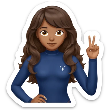 Uzun kahverengi dalgalı saçlı kahverengi gözlü esmer perçemli üzerinde lacivert parmak detaylı body olan bir kız yap sticker