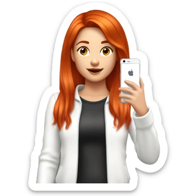 21-Year girl taking selfie in front of mirror. She has straight bright red hair. The length of her hair is up to shoulders, she wears white body suite and white jacket. She has phone in her hand. Phone has brown case and it's located on her face level sticker