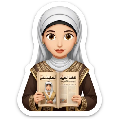 a woman dressed in a traditional embroidered outfit, elegantly holding a historical Arabic newspaper. The newspaper headline announces the formation of the United Arab Emirates, adding a sense of cultural and historical significance.  sticker