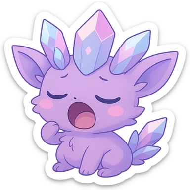 Create a chibi kawaii crystal sprite creature with a crystal tail in pastel purple, blue, and pink colors. The creature should have a sleepy and yawning expression. Remove the background. sticker