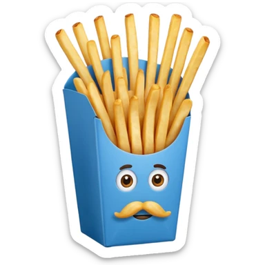 long slim crispy fries in a blue carton, carton has eyes and mustache sticker