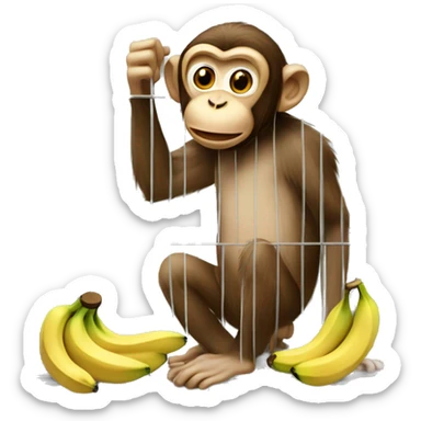 The monkey's outside. Banana inside the cage.  Monkey trying to get the banana out of the cage sticker